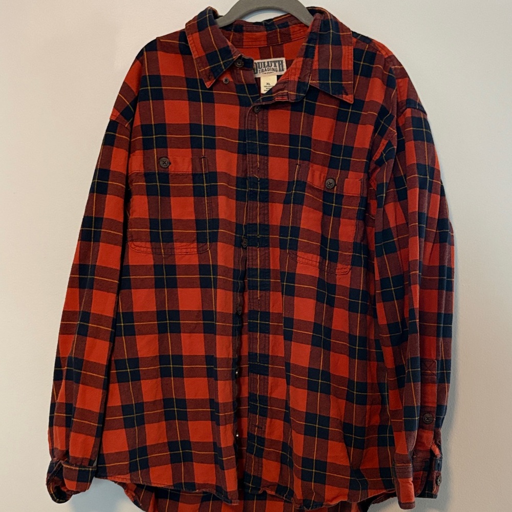 Duluth Trading Co Red and Black Plaid Dress Shirt